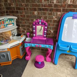 Toys. Kitchen. Double Sided Easel. Foam Puzzle ABC's. Vanity Set With Extra Chair 