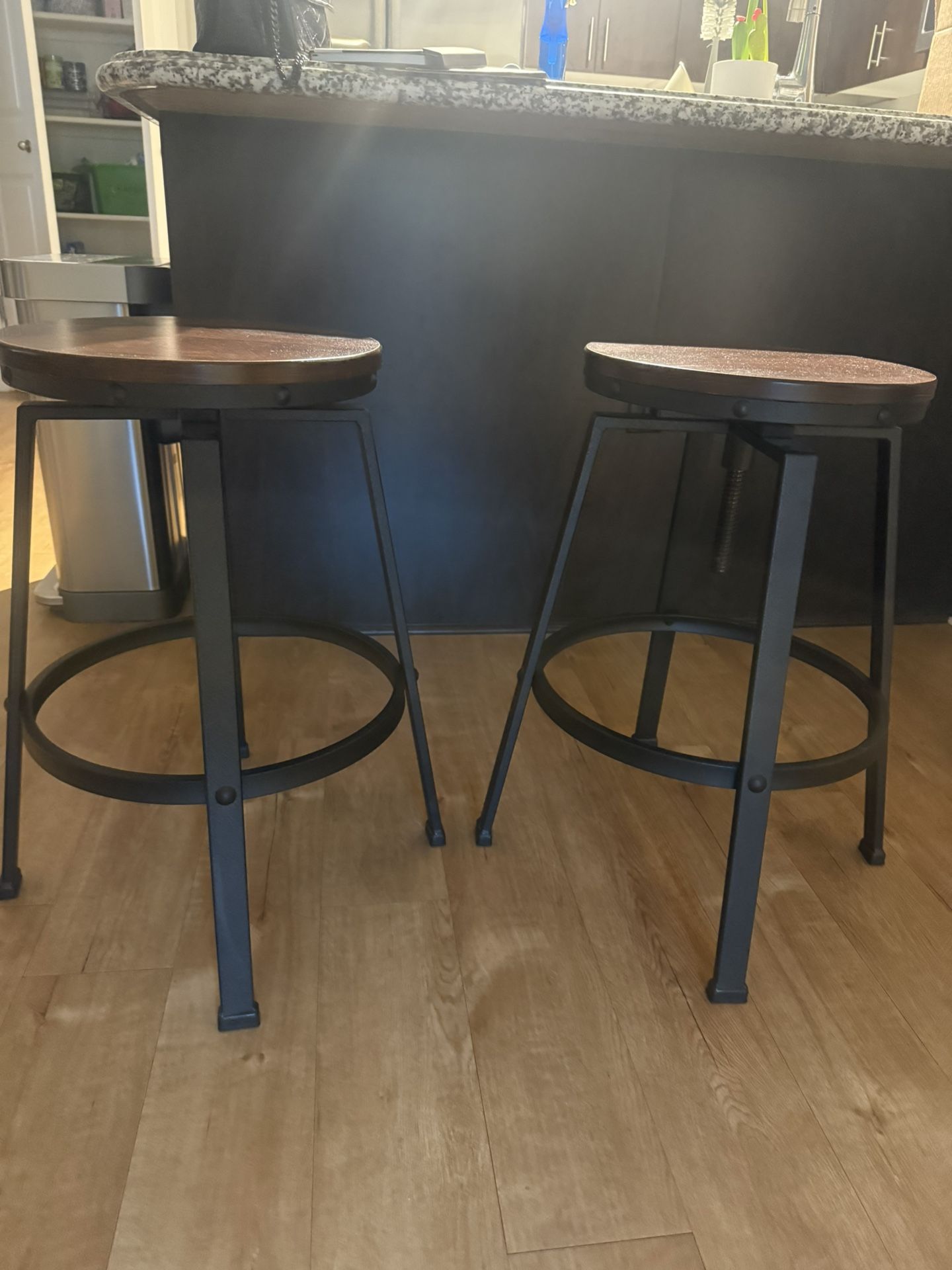Industrial Bar Stools – Adjustable Wood + Metal Pair