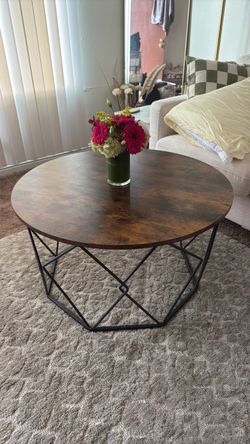 Round Wood Coffee Table with Metal Base