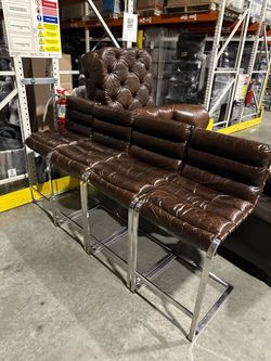 Brown Leather Bar Stools with Chrome Frame – Set of 4 - 80$