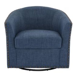 Comfy Blue Linen Nailhead Trim Upholstered Swivel Barrel Arm Chair With Metal Base(Set of 1)