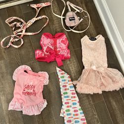 Small Mini Dog Bundle 2 Leashes, Harness, Bandana, 2 Dog Dresses  