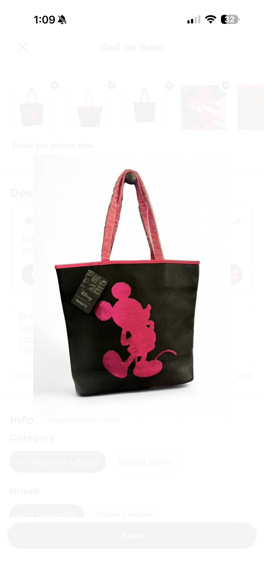 BNWT Disneyland Mickey sequin Loungefly tote bag pink and black