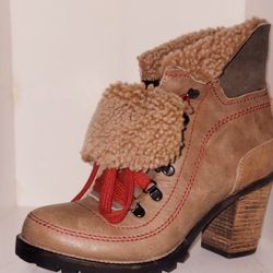 STEVEN Arctic Brown Leather combat boot with shearling lace up size women’s 8