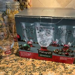 Etched & Handpainted Winterberry Water Goblets Holiday Christmas - 🎄 Glassware Set Of 3 - After Christmas Off-Season Special Price