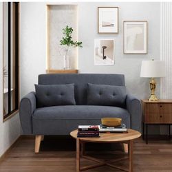 47" Small Modern Loveseat Couch Sofa, Fabric Upholstered 2-Seat Sofa, Love Seat Furniture with 2 Pillows, Wood Leg for Small Space, Living Room, Bedro