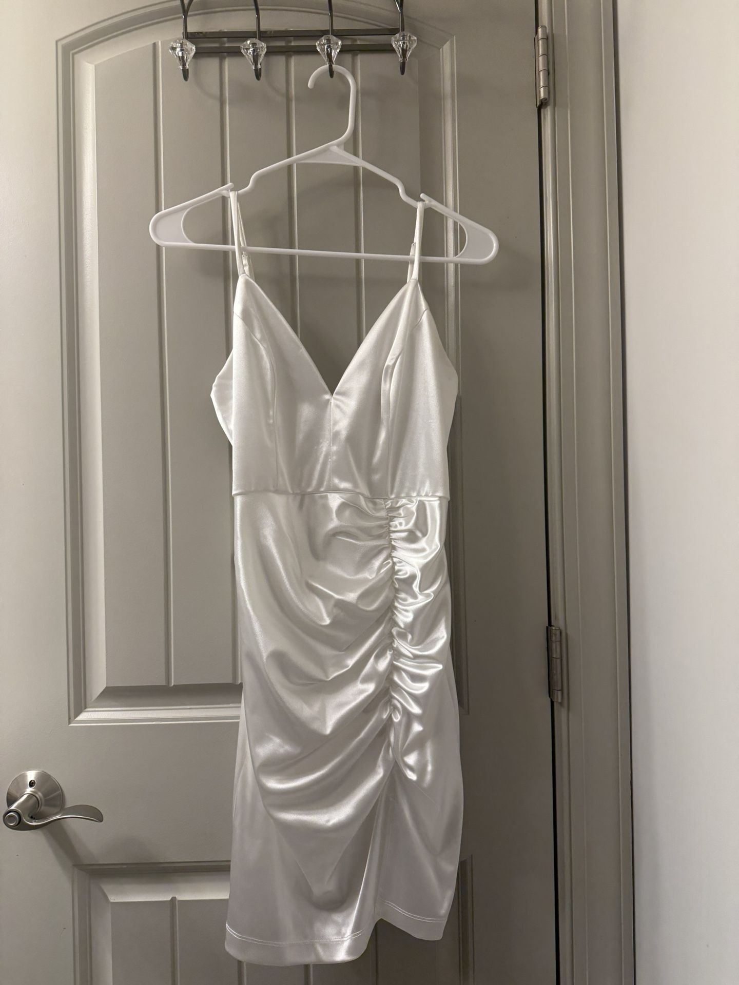 White Satin Ruched Mini Dress – Worn Once – Size L | Perfect for Graduation, Bachelorette, or Date Night