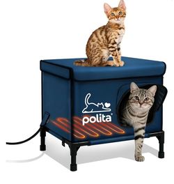Polita Indestructible Heated Cat House for Outdoor Cats All Seasons, Extremely Insulated & 100% Weatherproof, Elevated Feral Cat Shelter with Waterpro