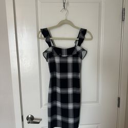 Black And White Plaid Dress With Ruffle Strap 