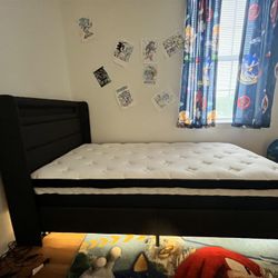 Dimtry Upholstered Bed with Headboard, LED Lights and USB Power Strips 