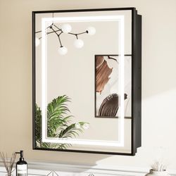 TETOTE 24 X 30 Black Led Lighted Medicine Cabinet Mirror With 3-Color Lights, Wall Mount Or Recessed Cabinet Mirror For Bathroom With Storage, Tempere