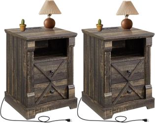 Minifeel Farmhouse Night Stand with Charging Station set of 2, 18" Wide 2 Drawer Bedside Table,Barn Door Wood Nightstand with Open Storage Shelf,Side 