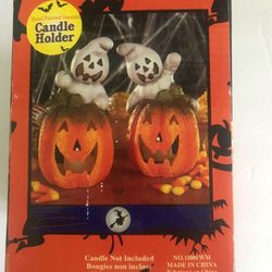 Alco Set of 2 Hand Painted Ceramic GHOST JACK O LANTERN Candle Holders