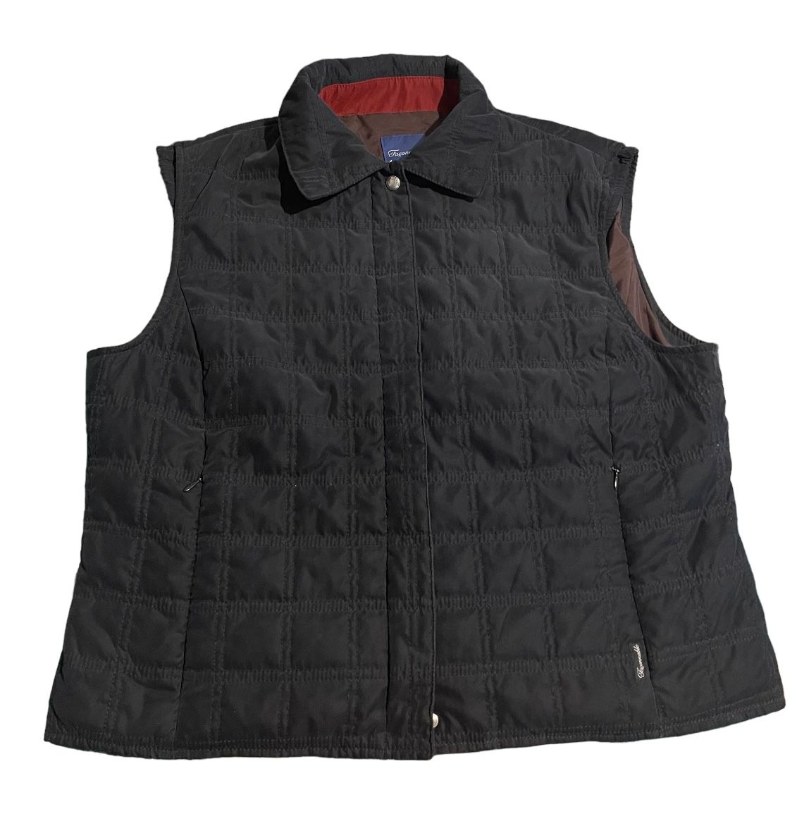 Vintage 90s Faconnable Vest Women Medium Black Quilted Full Zip Sleeveless Solid