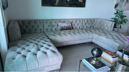 Large Gray Tufted Sectional Sofa with Double Chaise