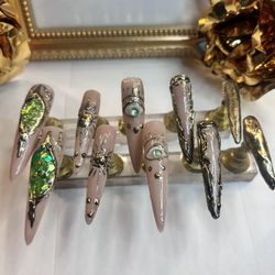 Green And Gold Chrome Nails 