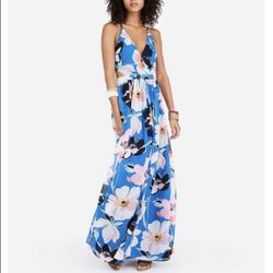 Express Strappy Lace-Up Cut-Out Blue w/ Floral Print Maxi Dress, XS