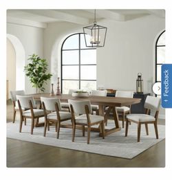 Brand-new 9-piece extendable dining set 🤎 Includes a large wood table with an 18” extension leaf and 8 upholstered chairs. Table extends up to 113.9”