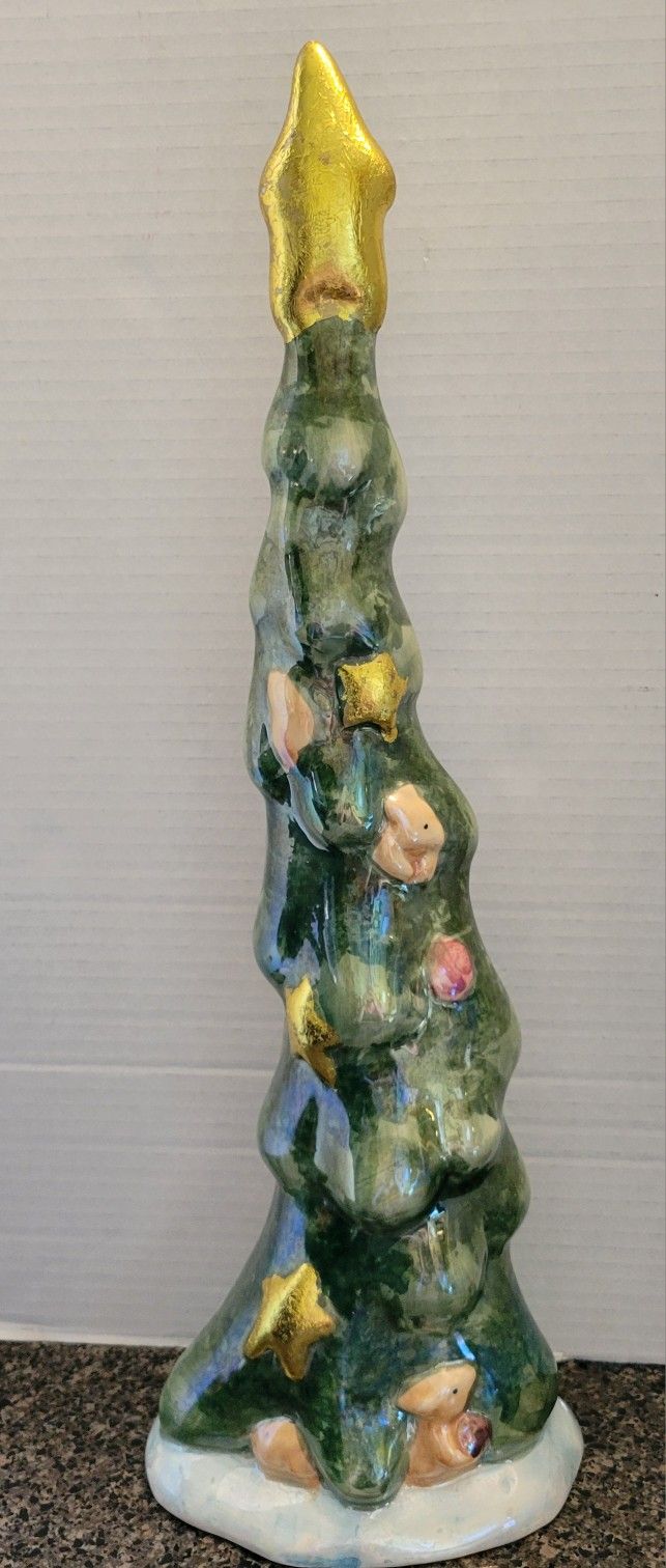 19" Tall Pearlescent Ceramic Christmas Tree Figurine Gold Foil Stars