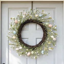 Brandnew 20 Inch Farmhouse Easter Wreath for Front Door, Artificial Pastel Spring Wreath with Mini Easter Eggs, Handcrafted Wreaths for Entryway Mante