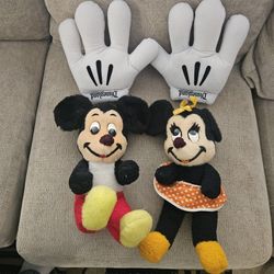 2 Vintage Mickey And Minnie Stuffed Dolls Plus 1 Pair Giant Mikey Hands