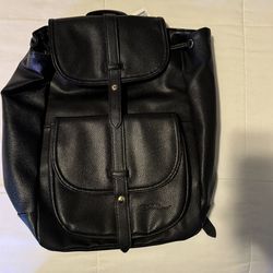 BELLA RUSSO Women Black Pebbled Leather Drawsting Backpack Handbag NEW