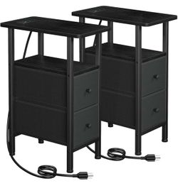 Narrow Nightstand with Charging Station, End Tables Living Room Set of 2, Skinny Side Table with Fabric Drawers, Slim Sofa Table for Bedroom, Small Sp
