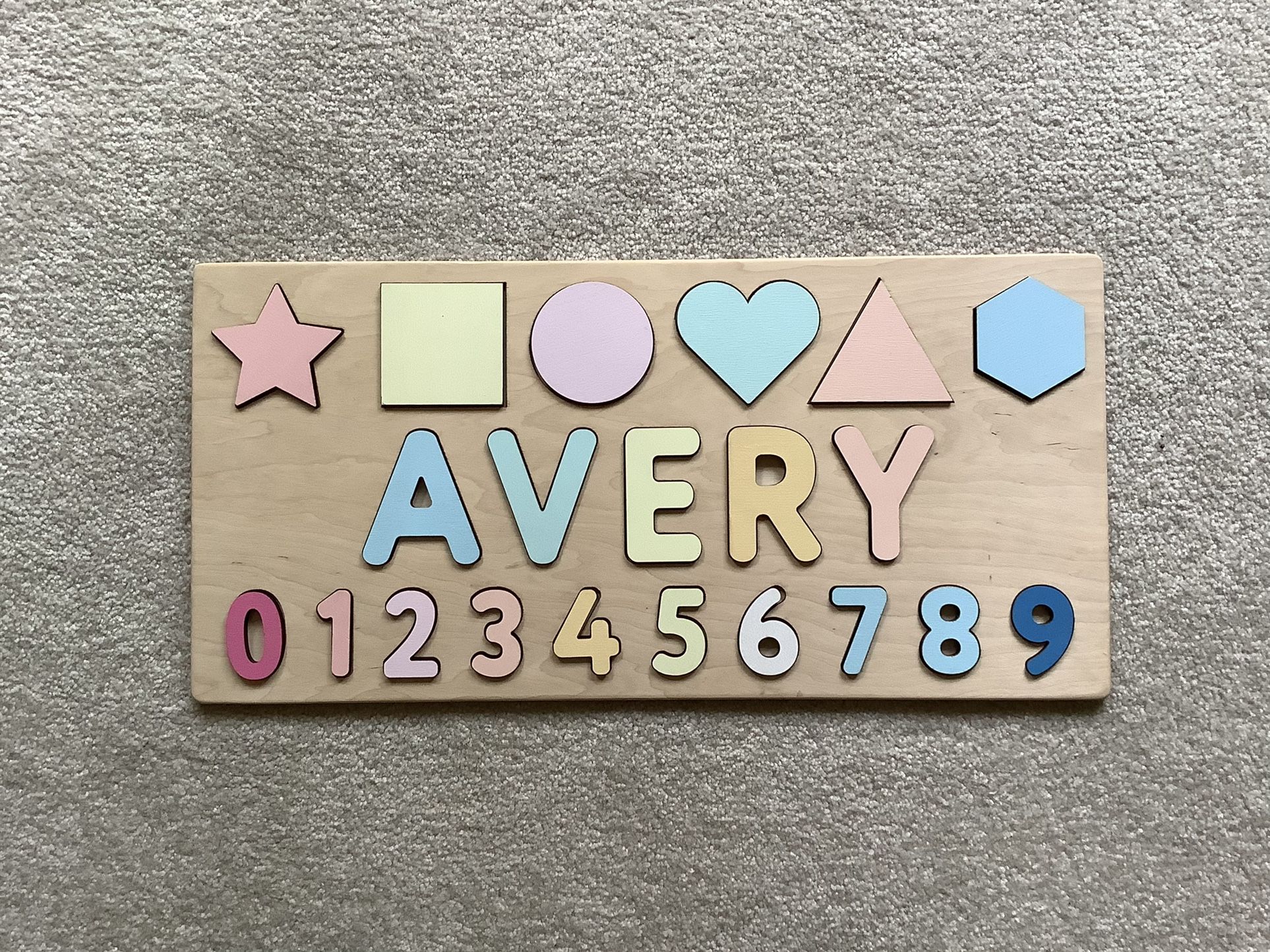 “Avery” Montessori Personalized Wooden Name Board and Puzzle aboard