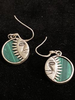 Vintage Sterling 925 Half Sun Malachite Dangling Earrings