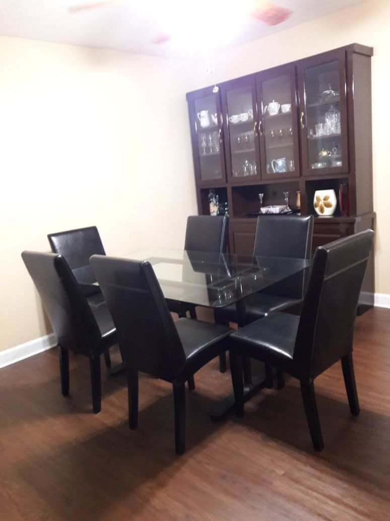 Dining room table, 6 chairs, breakfront