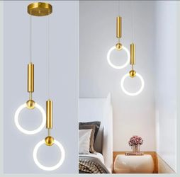 Modern Gold LED Pendant Light – 2 Ring Hanging Chandelier Adjustable Height