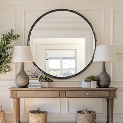 Mirror for Wall, 24 Inch Black Solid Steel Antique Rounded Bathroom Mirror, Vintage Hammered Metal Frame Circle Mirror for Wall Decor, Vanity, Bedroom