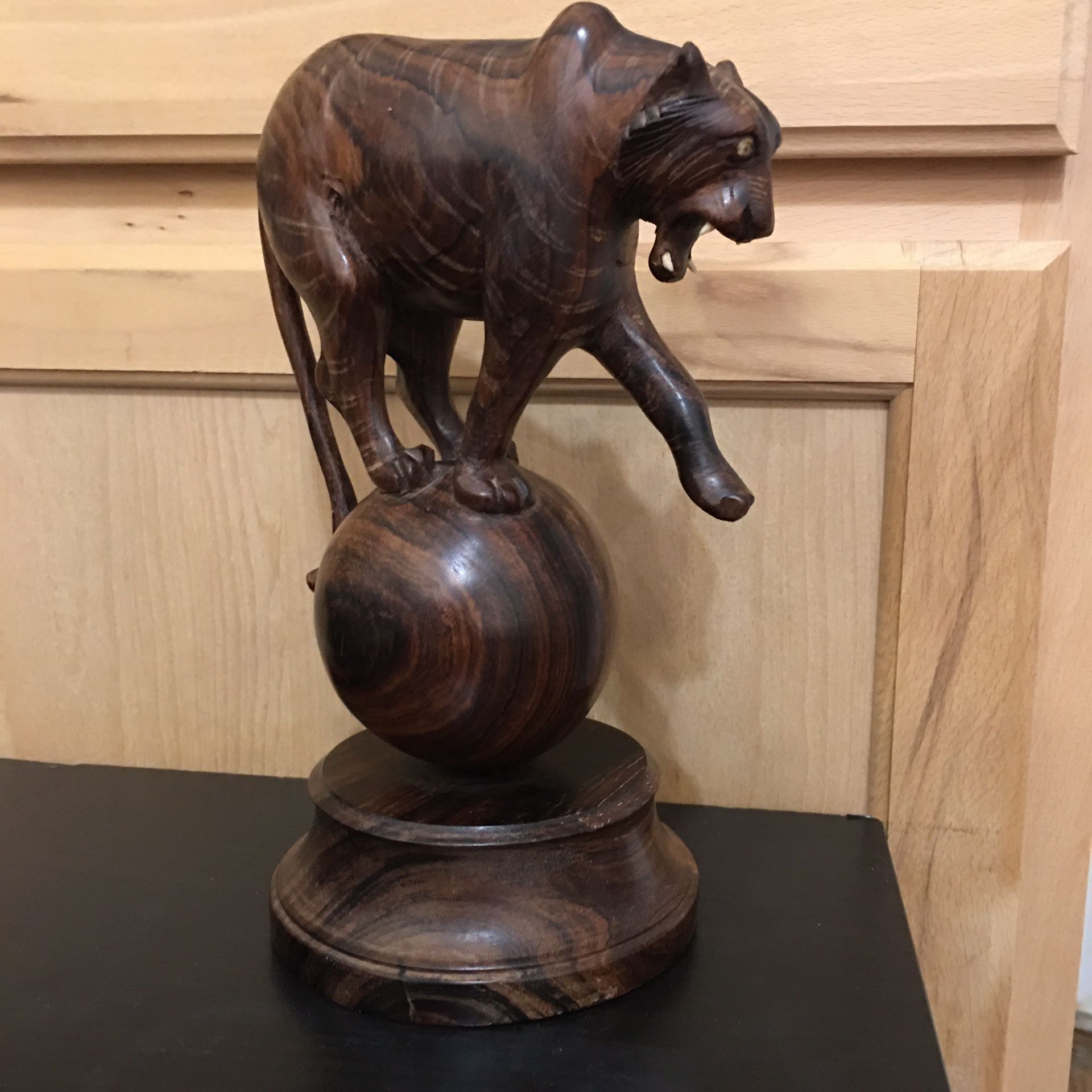 Vintage Ironwood Carved Tiger On Ball Statue Sculpture 9 Tall Rich Brown Color