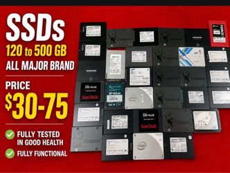 SSDs • 120GB – 500GB • All major brands • $30–$75 • Fully tested • Good health • 100% fully functional