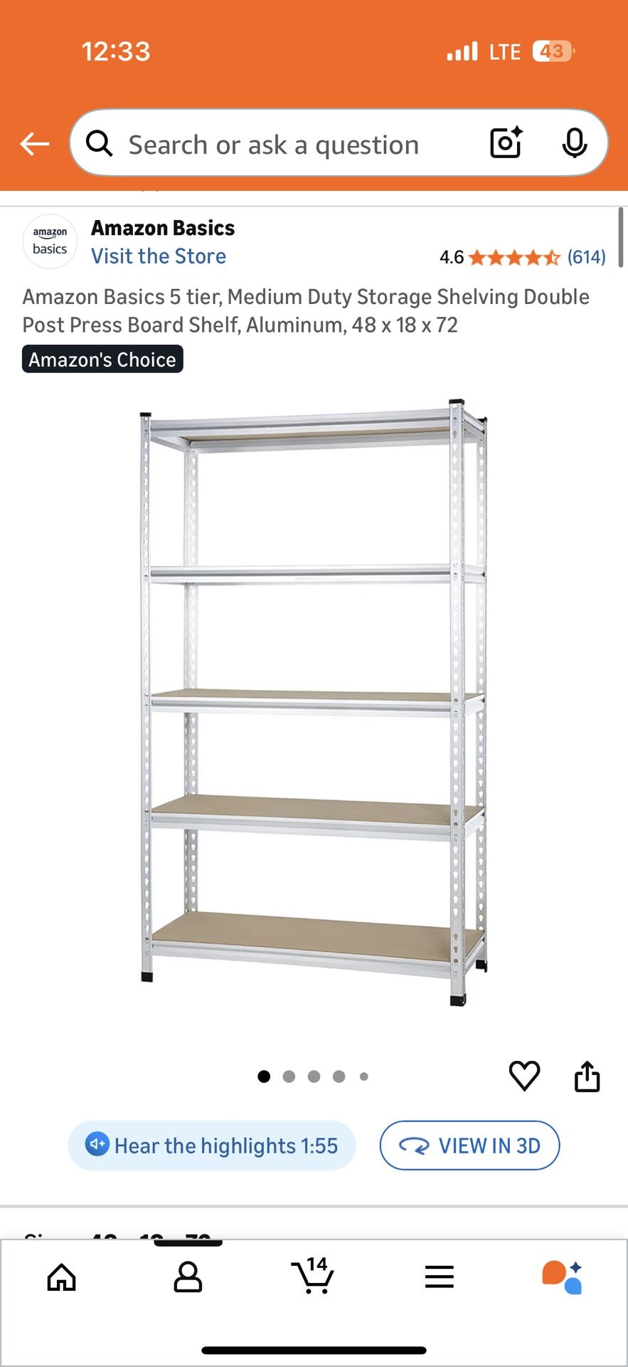Brand new In Box Amazon Basics 5 tier, Medium Duty Storage Shelving Double Post Press Board Shelf, Aluminum, 48 x 18 x 72