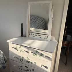 Vintage white dresser with mirror and hand-painted ivy detail