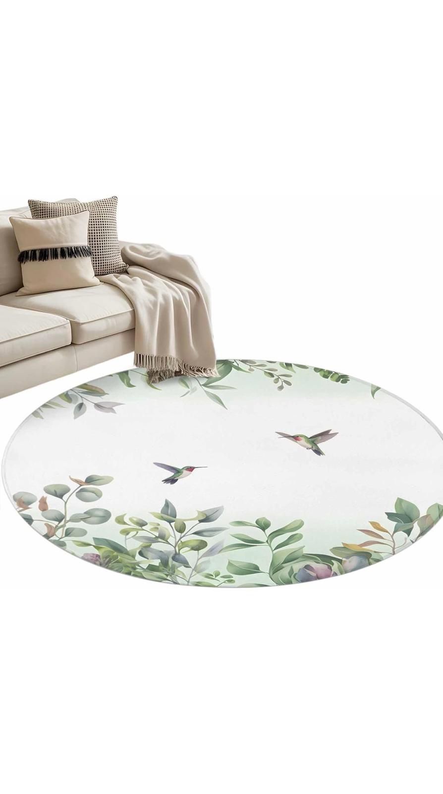 Round Area Rug 4ft Hummingbird Green Leaves Floor Carpets Indoor Floor Area Mat Stain-Proof Mat Circle Rugs for Living Room Dining Room Kitchen Bedroo