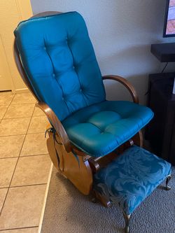 Wooden rocking chair/ cushions & matching foot stool