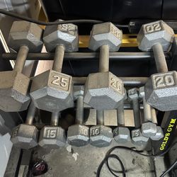 Variety of dumbbells/ kettlebells and 2 racks