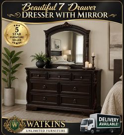 🪵 Beautiful 7-Drawer Dresser with Mirror – Elegant, Spacious & Ready for Your Home! 🪵