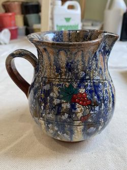 Rare Collectible small ceramic pottery greece art water pitcher greek letters words blue brown