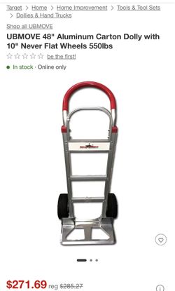 UBMOVE 48" Aluminum Carton Dolly with 10" Never Flat Wheels 550lbs
