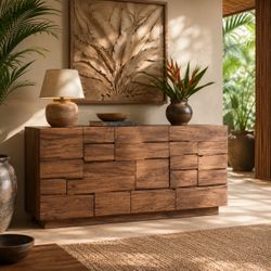 73”  Walnut Modern Geometric Wood Dresser with Sculptural Drawer Fronts in Walnut Finish [NEW]  *already assembled in the box*