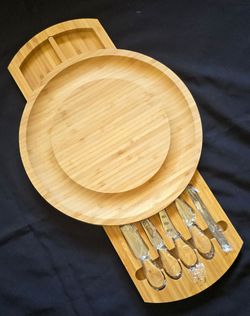 14" Bamboo Cheese Charcuterie Cutting Board Set with Hidden Cutlery Drawers - 4 Knives & Forks
