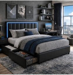 Full Size Bed Frame with Headboard and 4 Storage Drawers, Faux Leather Upholstered Platform Bed with LED Lights, Metal and Wood Slats, No Box Spring N