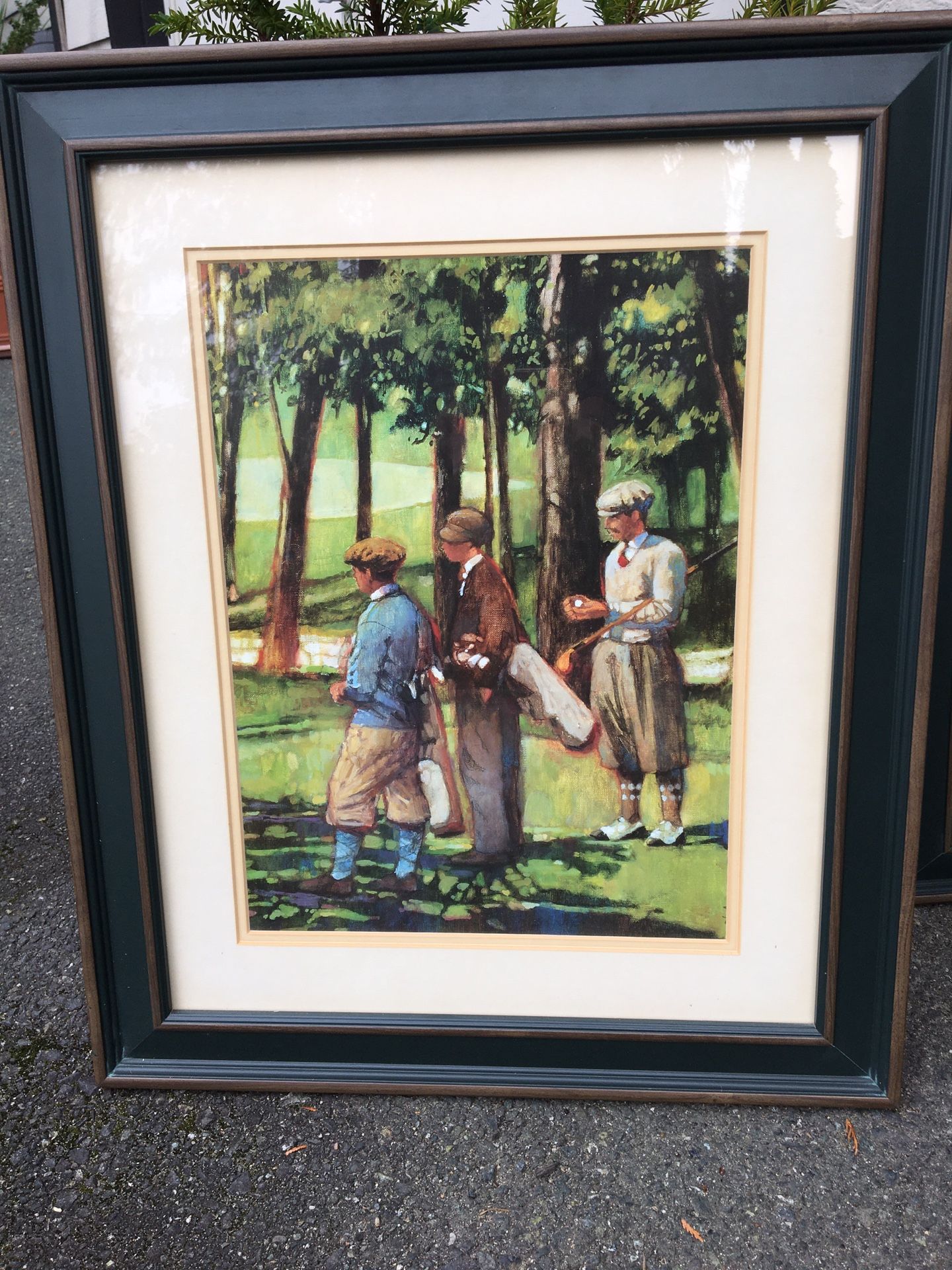 Vintage golf pictures with dark green frames