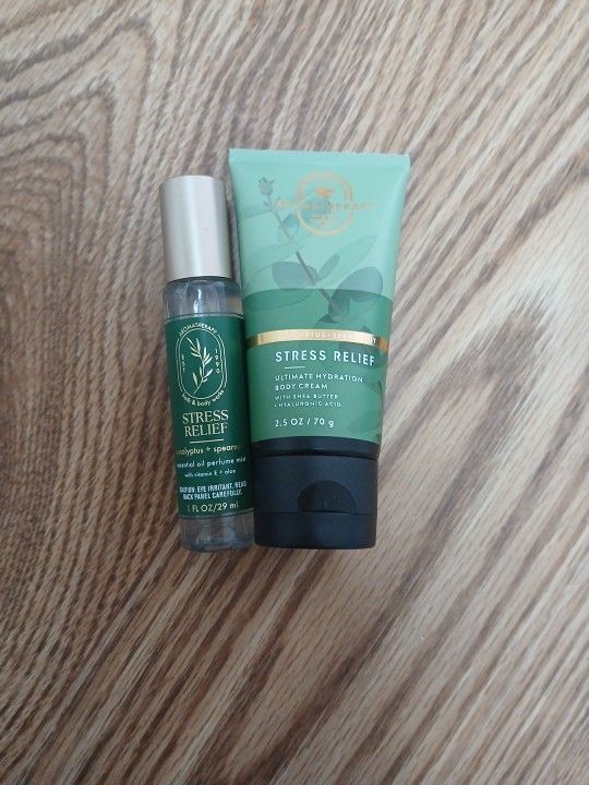 Bath & Body Works Stress Relief Euctaplyptus + Spearmint, Travel Sizes Essential Oil/perfume Mist, And travel Size Body Cream