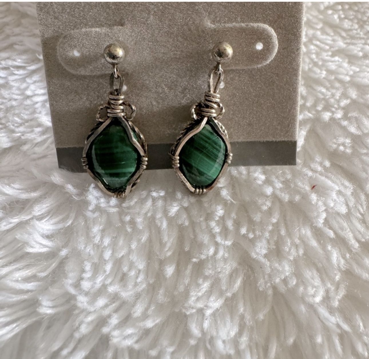 Estate: Vintage Handmade Silver & Malachite Drop Pierced Earrings