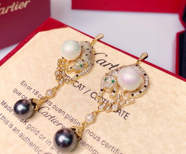 Full-diamond spotted leopard round hoop tassel black pearl stud earrings