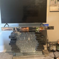 Glam Mirrored TV Stand with Crushed Crystal Center 